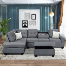 Sectional Sofas 3-Seat Sofa Sectional Sofa Couches with Chaise Lounge and Ottoman for Living Room Furniture Grey