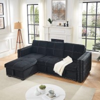ATY Reversible Sectional Sofa with Storage Chaise L-Shaped Sleeper Couch with Pulled Out Bed and Button Tufted Copper Nail Head Trim Save Space 91" Cool Black
