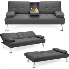 AWQM Futon Sofa Bed Upholstered Modern Convertible Folding Sofa Couch Sleeper for Compact Living Space Apartment Dorm Removable Soft Armrest 2 Cup Holders 67" L x 18.9" W x 32.36" H Dark Gray