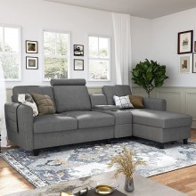 HONBAY Reversible Sectional Sofa Couch Modern Upholstered L Shaped Sofa with Cup Holders & Storage Console Left or Right Side Chaise Sectional Sofa for Living Room Office Grey