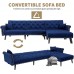 Knowlife Sectional Convertible Futon Sofa Bed Mid-Century Velvet Sleeper Sofa with Reversible Chaise and 2 Pillows 115”L Sofa Couch for Living Room and Small Space Navy Blue