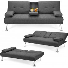 POWERSTONE Futon Sofa Bed Upholstered Modern Convertible Sofa Couch Sleeper with Removable Armrests and 2 Cup Holders Memory Foam Cushion Living Room Furniture Loveseat Grey