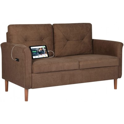 TYBOATLE 53 Mid Century Upholstered Loveseat Sofa w 2 USB Charging Ports for Living Room Modern 2-Seat Couch Sofa Furniture for Small Space Home Office Dorm Brown