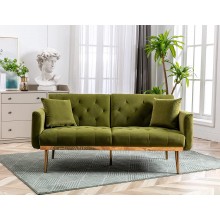 Velvet Futon Sofa Bed with 3 Adjustable Positions Small Sleeper Sofa Loveseat with 2 Decorative Pillows Modern Upholstered Convertible Couch with 5 Metal Tapered Legs Olive Green