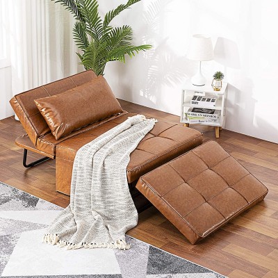 Vonanda Leather Ottoman Sofa Bed,Small Modern Couch Multi-Position Convertible with Selected Leather Fabrics and Unique Sturdy Frame for Small Space Caramel