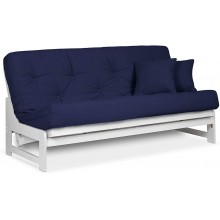 Arden White Futon Set Full or Queen Size Armless Wood Futon Frame with Mattress Included Twill Navy Blue More Mattress Colors Available Space Saving Modern Sofa Bed Sleeper
