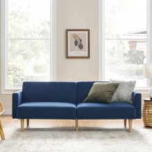 Mopio Chloe Futon Sofa Bed Convertible Sleeper Sofa with Tapered Legs 77.5" W Small Splitback Sofa for Living Room Classic Blue Velvet