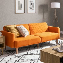 Mopio Chloe Futon Sofa Bed Convertible Sleeper Sofa with Tapered Wood Legs 77.5" W Small Splitback Sofa for Living Room Apricot Velvet