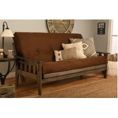 Queen Size Tucson Rustic Walnut Frame and Mattress Set 7 Inch Innerspring Futon Sofa Bed Wood Frame and Chocolate Matt