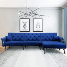 Sofa Bed Velvet Sectional Couch Convertible 115 L-Shape Sofa Bed Sleeper Reversible Chaise with 2 Pillows Adjustable Back for Living Room and Small Space Blue