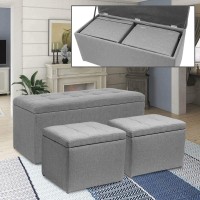 3 Piece Storage Ottoman Bench Footrest with 2 Cube Ottoman Set Fabric Linen Grey