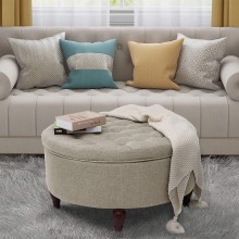 ABBLE Indoor 32" Tufted Round Storage Cocktail Ottoman with Removable Lid Space-Save Table or Seat for Living Room Bedroom and Office Beige