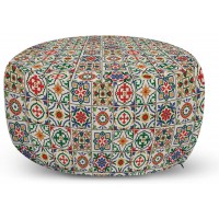 Ambesonne Moroccan Ottoman Pouf Colorful Azulejo Pattern Portuguese Ornamental Abstract Floral Arrangements Leaves Decorative Soft Foot Rest with Removable Cover Living Room and Bedroom Beige Blue