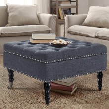 AVAWING 29" Square Tufted Button Storage Ottoman Table Bench with Rolling Wheels Nailhead Trim Linen Fabric Foot Rest Stool Seat for Bedroom livingroom and Hallway Blue Gray
