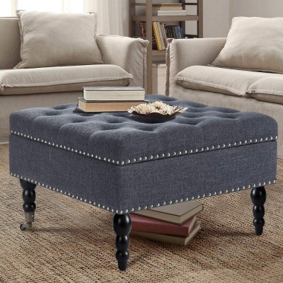 AVAWING 29 Square Tufted Button Storage Ottoman Table Bench with Rolling Wheels Nailhead Trim Linen Fabric Foot Rest Stool Seat for Bedroom livingroom and Hallway Blue Gray