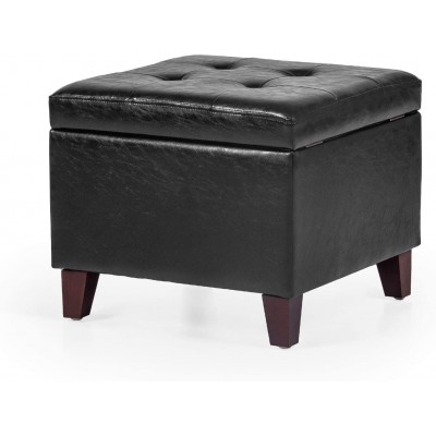 Deco De Ville 17.7 Black Faux Leather Storage Ottoman Square Tufted Lift Top Footrest with Foam Padded Seat