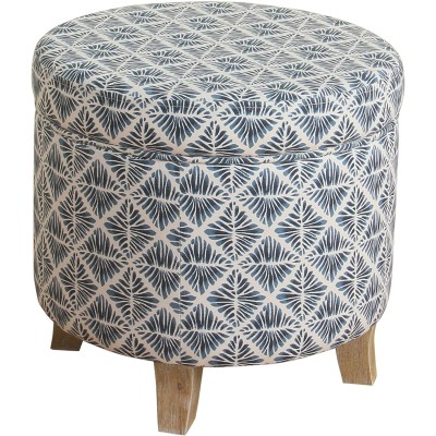 Homepop Home Decor | Upholstered Round Storage Ottoman | Ottoman with Storage for Living Room & Bedroom with Flared Legs Navy Blue Geometric Pattern