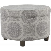 Homepop Home Decor | Upholstered Round Storage Ottoman | Ottoman with Storage for Living Room & Bedroom Grey Medallion