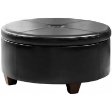 HomePop Leatherette Round Button Tufted Storage Ottoman Black