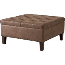 Madison Park Lindsey Cocktail Ottoman Square Tufted Faux Leather Coffee Table for Living-Room Modern All Foam Thick Padded Solid Wood Legs Large Bench Corner Seating Bedroom Lounger 35.5"W x 35.5"D x 18.5"H,Brown