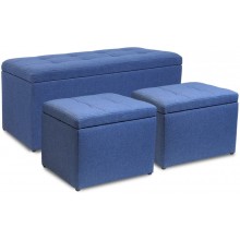 Magshion Rectangular Storage Ottoman Bench Tufted Footrest with Cube Ottomans Set of 3 Linen Navy Blue