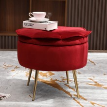 Ottoman Stool Seat with Storage 21.3" W Round Velvet Foot Stool for Living Room Bedroom Home Office Footrest  Red