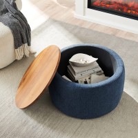 Round Ottoman with Storage for Living Room Coffee Table Foot Rest Footstool End Table with Reversible Lid Tray Navy Blue