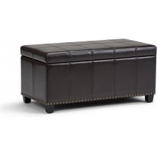 SIMPLIHOME Amelia 34 inch Wide Rectangle Lift Top Storage Ottoman Bench in Upholstered Tanners Brown Faux Leather Footrest Stool Coffee Table for the Living Room Bedroom and Kids Room Transitional