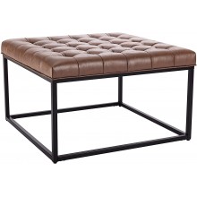 WOVENBYRD 28" Square Button Tufted Metal Ottoman Light Brown Faux Leather