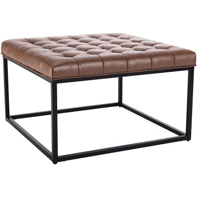 WOVENBYRD 28 Square Button Tufted Metal Ottoman Light Brown Faux Leather