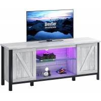 Bestier TV Stand with 2 Removable Sliding Doors cabinets & Glass Open Shelves & LED Lighting System | Rustic tv Cabinet with Storage | Entertainment Media Console Center Table for 70 inch tv White