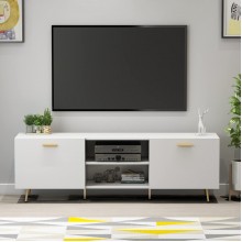 FUFU&GAGA TV Stand for TV up to 65" Modern Wood Universal Media Console with Metal Legs 2 Storage Cabinets & 2 Open Shelves Home Living Room Furniture Entertainment Center White-Gold