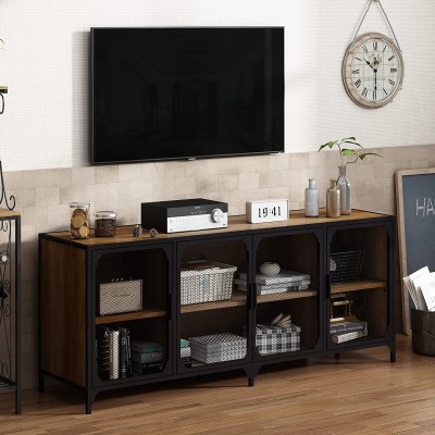 JAXSUNNY Industrial TV Stand with Mesh Doors for TVs up to 65 Metal TV Console Table Wood and Metal Entertainment Center for Living Room Rustic Oak