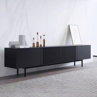 Modern Solid Wood TV Stand Black Entertainment Center for 85 100 Inch TV Tall TV Cabinet with Slatted Doors Tall-Cast Metal Legs Fully-Assembled 94.49