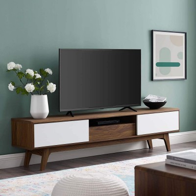 Modway Envision 70 Mid-Century Modern Low Profile Entertainment TV Stand in Walnut White