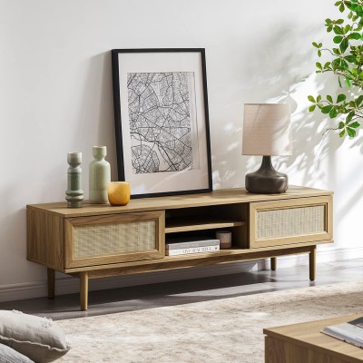 Mopio Haylee 59 TV Stand for 55 60 inch TV Modern Farmhouse Boho with Rattan Sliding Doors Adjustable Shelves for a Clean and Natural Living Room Includes Leveler Natural Oak