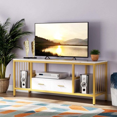 Tribesigns Gold TV Stand with Drawer 55 Inch Media Stand TV Console for TVs Up to 60 with Faux Marble Veneer for Living Room Gold & White