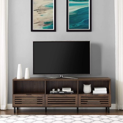 Walker Edison Modern Slatted Wood TV Stand for TV's up to 80 Universal TV Stand for Flat Screen Living Room Storage Cabinets and Shelves Entertainment Center 70 Inch Dark Walnut