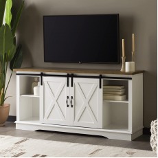 Walker Edison Richmond Modern Farmhouse Sliding Barn Door TV Stand for TVs up to 65 Inches 58 Inch White and Rustic Oak
